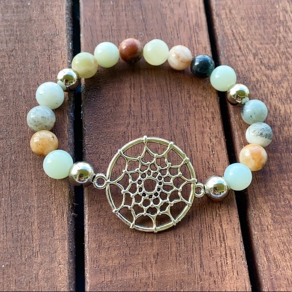 Amazonite gem beads silver dream catcher bracelet - Picture 7 of 11